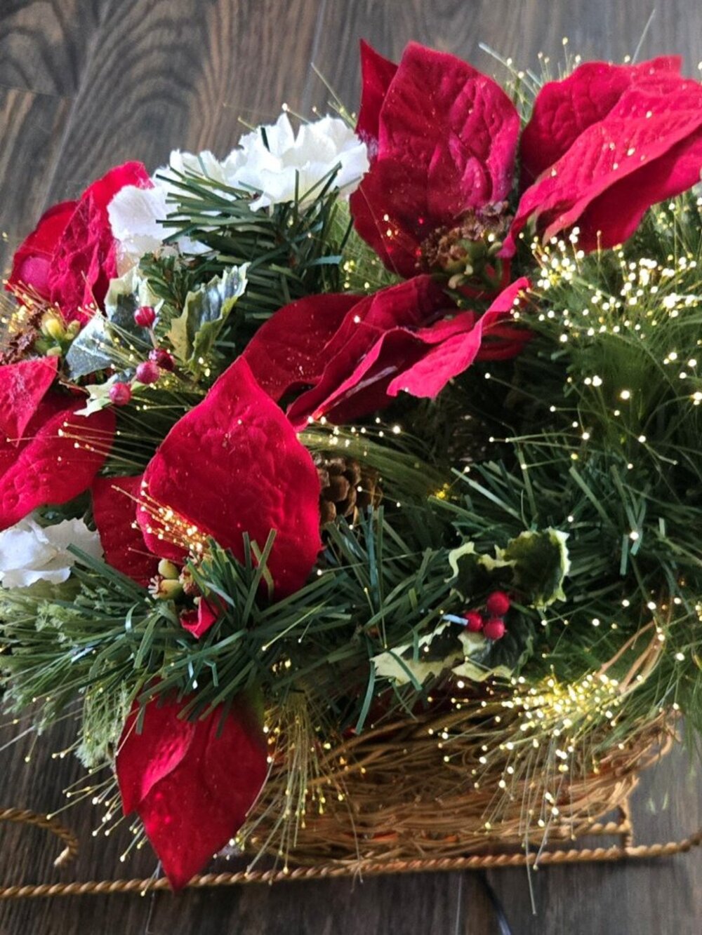 Lighted Holiday Iron & Wicker Sleigh Poinsettia Floral Arrangement
